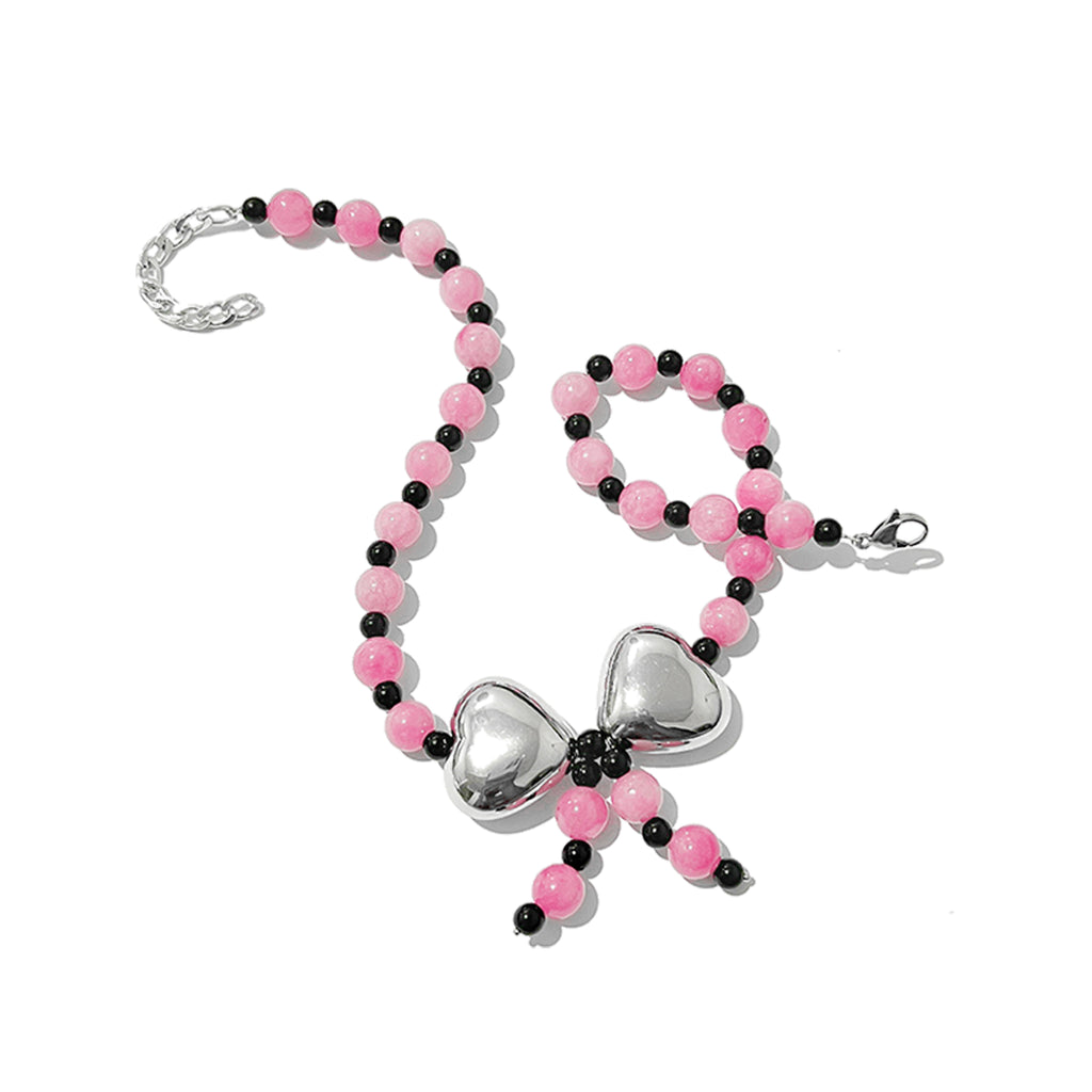 PUFFY RIBBON NECKLACE — PINK BLACK